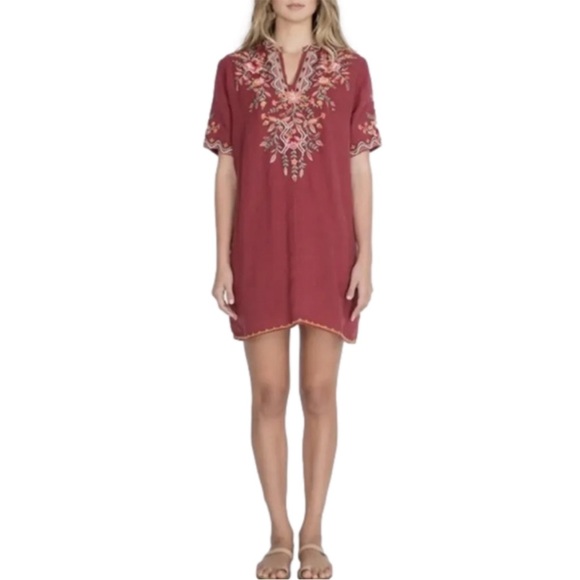 Johnny Was Alise Easy Dress V Neck Embroidered Burgundy Linen Size M 8 10 NEW Johnny Was Alise Easy Dress V Neck Embroidered Burgundy Linen Size M 8 10 NEW